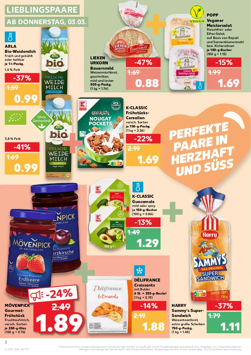 Aktueller Prospekt Kaufland - von 03.03 bis 09.03.2022 - strona 2 - produkty: angebot, arla, auer, aufstrich, Bau, Bauer, Becher, beutel, bio, blume, blumen, brot, butter, cerealien, Croissant, croissants, eis, erbsen, fleisch, frucht, fruchtaufstrich, guacamole, kichererbsen, korn, lieken, mehl, Meister, milch, mövenpick, Popp, rapsöl, salat, sandwich, schnitten, sonnenblume, sonnenblumen, Ti, toast, Toastbrot, urkorn, weidemilch, weizenmischbrot, ZTE