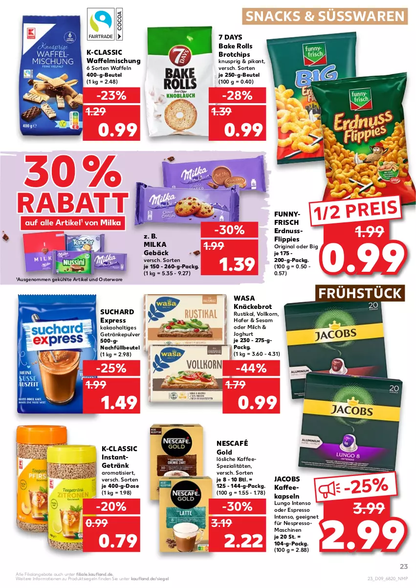 Aktueller Prospekt Kaufland - von 03.03 bis 09.03.2022 - strona 23 - produkty: angebot, angebote, beutel, brot, chips, eis, erdnuss, espresso, flippies, getränk, getränke, getränkepulver, gin, hafer, intenso, jacobs, joghur, joghurt, kaffee, kaffeekapseln, kaffeespezialitäten, kakao, knäckebrot, korn, lungo, milch, milka, Nescafé, nescafé gold, nespresso, nuss, oder espresso, reis, sesam, snack, snacks, Spezi, süsswaren, Ti, waffeln, wasa