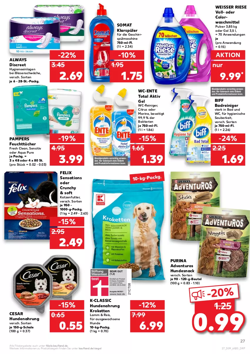 Aktueller Prospekt Kaufland - von 03.03 bis 09.03.2022 - strona 27 - produkty: adventuros, aktiv gel, Alwa, Always, angebot, angebote, aqua, Bad, beutel, biff, citrus, colorwaschmittel, Discreet, eis, ente, felix, feuchttücher, geschirr, hundenahrung, hundesnack, katzenfutter, Kette, klarspüler, Kroketten, lamm, pampers, purina, reiniger, reis, Schal, Schale, sensations, snack, somat, Ti, tücher, waschmittel, wc-reiniger, Weisser Riese