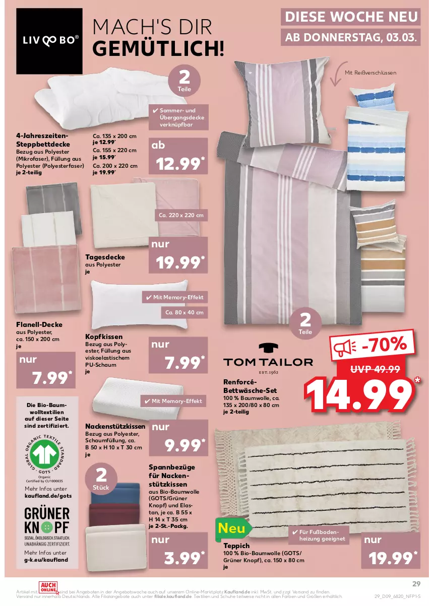 Aktueller Prospekt Kaufland - von 03.03 bis 09.03.2022 - strona 29 - produkty: angebot, angebote, asti, Bau, baumwolle, bett, bettwäsche, bio, bio-baumwolle, decke, eis, kissen, kopfkissen, mac, mikrofaser, nackenstützkissen, schuhe, steppbett, tagesdecke, teppich, Ti, tisch, wolle