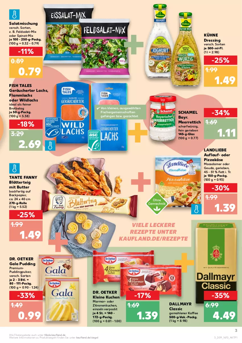 Aktueller Prospekt Kaufland - von 03.03 bis 09.03.2022 - strona 3 - produkty: angebot, angebote, blätterteig, brot, butter, dallmayr, Dr. Oetker, dressing, feldsalat, fisch, fische, Fischer, gouda, kaffee, Käse, kuchen, Kühne, lachs, lamm, landliebe, leine, Maasdam, maasdamer, meerrettich, papier, pizza, pudding, Rettich, rezept, rezepte, salat, schamel, spinat, tante fanny, Ti, Wild, wildlachs, zitrone, zitronen