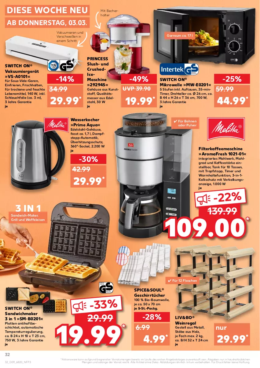 Aktueller Prospekt Kaufland - von 03.03 bis 09.03.2022 - strona 32 - produkty: angebot, aqua, auto, Bau, baumwolle, Becher, bio, bio-baumwolle, bohne, bohnen, edelstahl, eis, elle, filterkaffee, flasche, garraum, geschirr, geschirrtücher, grill, Holz, kaffee, kaffeemaschine, Kocher, latte, lebensmittel, LG, messer, mikrowelle, mint, regal, sandwich, schlauch, tasse, teller, Ti, timer, tisch, tücher, überhitzungsschutz, Waffeleisen, wasser, wasserkocher, wein, wolle, ZTE