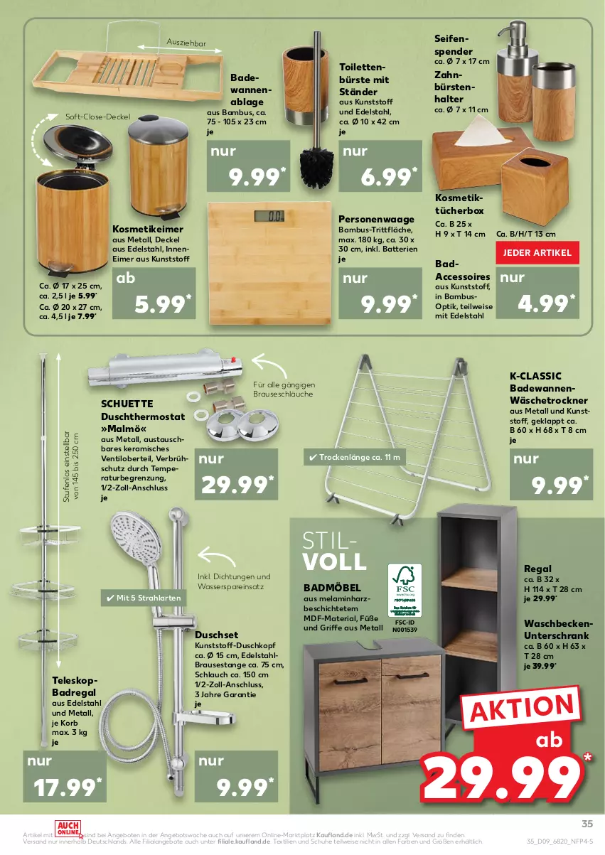 Aktueller Prospekt Kaufland - von 03.03 bis 09.03.2022 - strona 35 - produkty: ACC, accessoires, angebot, angebote, aust, Bad, Badewanne, Badmöbel, Badregal, bambus, batterie, batterien, Beckenunterschrank, brause, bürste, bürsten, decke, Deckel, edelstahl, eimer, eis, korb, kosmetik, kosmetikeimer, Kosmetiktücher, möbel, Personenwaag, personenwaage, regal, Ria, schlauch, schläuche, Schrank, schuhe, Seife, seifenspender, Teleskop, thermostat, Ti, Trockner, tücher, unterschrank, Waage, Wanne, waschbecken, waschbeckenunterschrank, wäschetrockner, wasser, zahnbürste, zahnbürsten