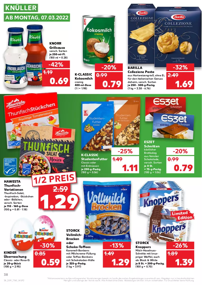 Aktueller Prospekt Kaufland - von 03.03 bis 09.03.2022 - strona 38 - produkty: angebot, barilla, bonbons, Brock, brot, creme, eis, ente, erdnüsse, erdnüssen, fisch, grill, grillsauce, hartweizen, haselnuss, hawesta, karamell, Kinder, knoppers, knorr, kokos, kokosmilch, lack, milch, nuss, pasta, reis, Ria, salat, sauce, schnitten, schoko, schokolade, schokoladen, storck, studentenfutter, thunfisch, Ti, vollmilch, ZTE