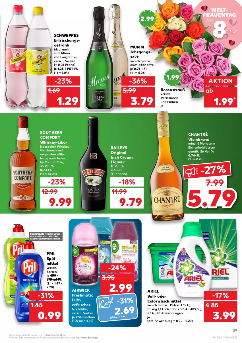 Aktueller Prospekt Kaufland - von 03.03 bis 09.03.2022 - strona 39 - produkty: airwick, alkohol, angebot, angebote, ariel, baileys, chantré, cola, colorwaschmittel, drink, drinks, erfrischungsgetränk, getränk, gin, Holz, irish cream, jahrgangssekt, likör, liqueur, lufterfrischer, mac, mumm, Pods, pril, Ria, rosen, Rosenstrauß, schweppes, sekt, Southern Comfort, spülmittel, Ti, waschmittel, wein, weinbrand, whiskey, WICK