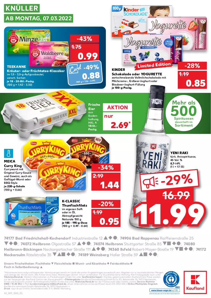 Aktueller Prospekt Kaufland - von 03.03 bis 09.03.2022 - strona 40 - produkty: angebot, angebote, Astra, auer, Bad, beutel, bio, Blaubeer, creme, curry, currywurst, drucker, eier, eis, Engel, erde, feinkost, feinkosttheke, filet, filets, fisch, fischtheke, fleisch, früchte, Früchtetee, Geflügel, gewürz, gin, joghur, joghurt, Käse, käsetheke, kerze, Kinder, kinder schokolade, kräuter, LG, meica, milch, natur, natura, oder yogurette, reis, saft, sauce, Schal, Schale, schoko, schokolade, spirituosen, tee, teekanne, thunfisch, Ti, vollmilch, wein, wurst, yeni raki, Yo, yogurette, ZTE