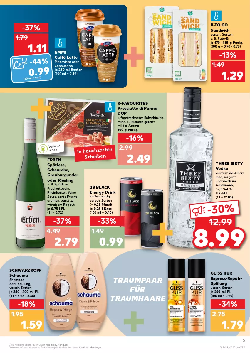 Aktueller Prospekt Kaufland - von 03.03 bis 09.03.2022 - strona 5 - produkty: ACC, angebot, angebote, Becher, burgunder, caffè latte, Cap, cappuccino, chia, cin, drink, emmi, energy drink, frucht, gliss, gliss kur, grauburgunder, Heu, lack, latte, mac, macchiato, oder cappuccino, prosciutto, Prosciutto di Parma, pute, Ragout, riesling, rohschinken, sandwich, schauma, schauma shampoo, schinken, schwarzkop, schwarzkopf, shampoo, shampoo oder spülung, spülung, Three Sixty, Ti, vodka, wein, Weißwein