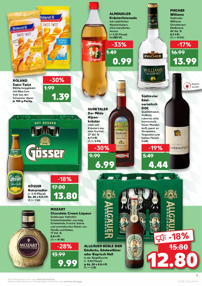 Aktueller Prospekt Kaufland - von 03.03 bis 09.03.2022 - strona 9 - produkty: almdudler, angebot, angebote, bier, Birnen, blätterteig, blätterteiggebäck, bügel, bügelflasche, burger, cola, eis, elle, flasche, fleisch, gösser, Gurktaler, kakao, Käse, kräuter, kräutern, LG, likör, limo, limonade, liqueur, mandel, milch, natur, pircher, qualitätswein, radler, rotwein, Rubin, sahne, salz, schoko, schokolade, schokoladen, südtiroler, teigwaren, Ti, tisch, vanille, vollmilch, vorspeise, wein