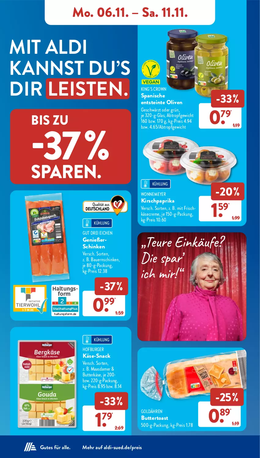 Aktueller Prospekt AldiSud - NÄCHSTE WOCHE - von 06.11 bis 11.11.2023 - strona 10 - produkty: aldi, auer, Bau, Bauer, Bauernschinken, burger, butter, butterkäse, Buttertoast, creme, eis, frischkäse, HP, Käse, kirsch, Maasdam, maasdamer, olive, oliven, paprika, reis, schinken, snack, toast