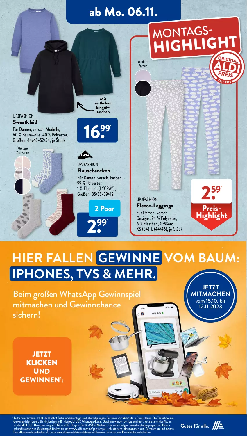 Aktueller Prospekt AldiSud - NÄCHSTE WOCHE - von 06.11 bis 11.11.2023 - strona 21 - produkty: aldi, Bau, baumwolle, dell, eis, elle, erde, gewinnspiel, gin, iphone, kleid, leggings, mac, Mode, reis, socken, Sweatkleid, Tasche, taschen, Ti, up2fashion, wolle