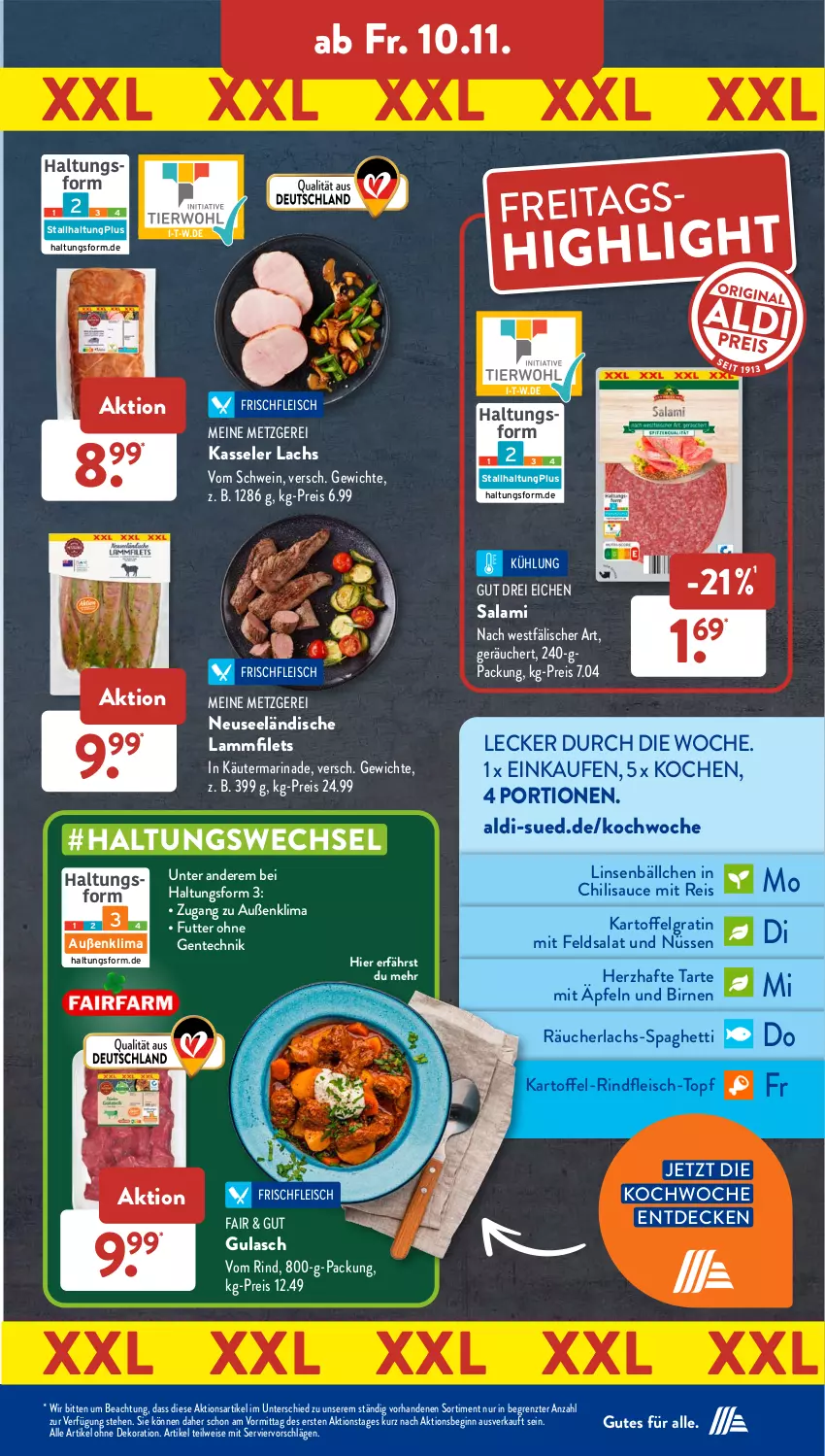 Aktueller Prospekt AldiSud - NÄCHSTE WOCHE - von 06.11 bis 11.11.2023 - strona 38 - produkty: aldi, alle artikel ohne dekoration, Birnen, chili, decke, dekoration, eis, ente, feldsalat, filet, filets, fleisch, gin, gsw, gulasch, kartoffel, kasseler, lachs, lamm, Lammfilets, LG, linsen, marinade, Räucherlachs, reis, rind, rindfleisch, salami, salat, sauce, schwein, spaghetti, Ti, topf, wein, ZTE