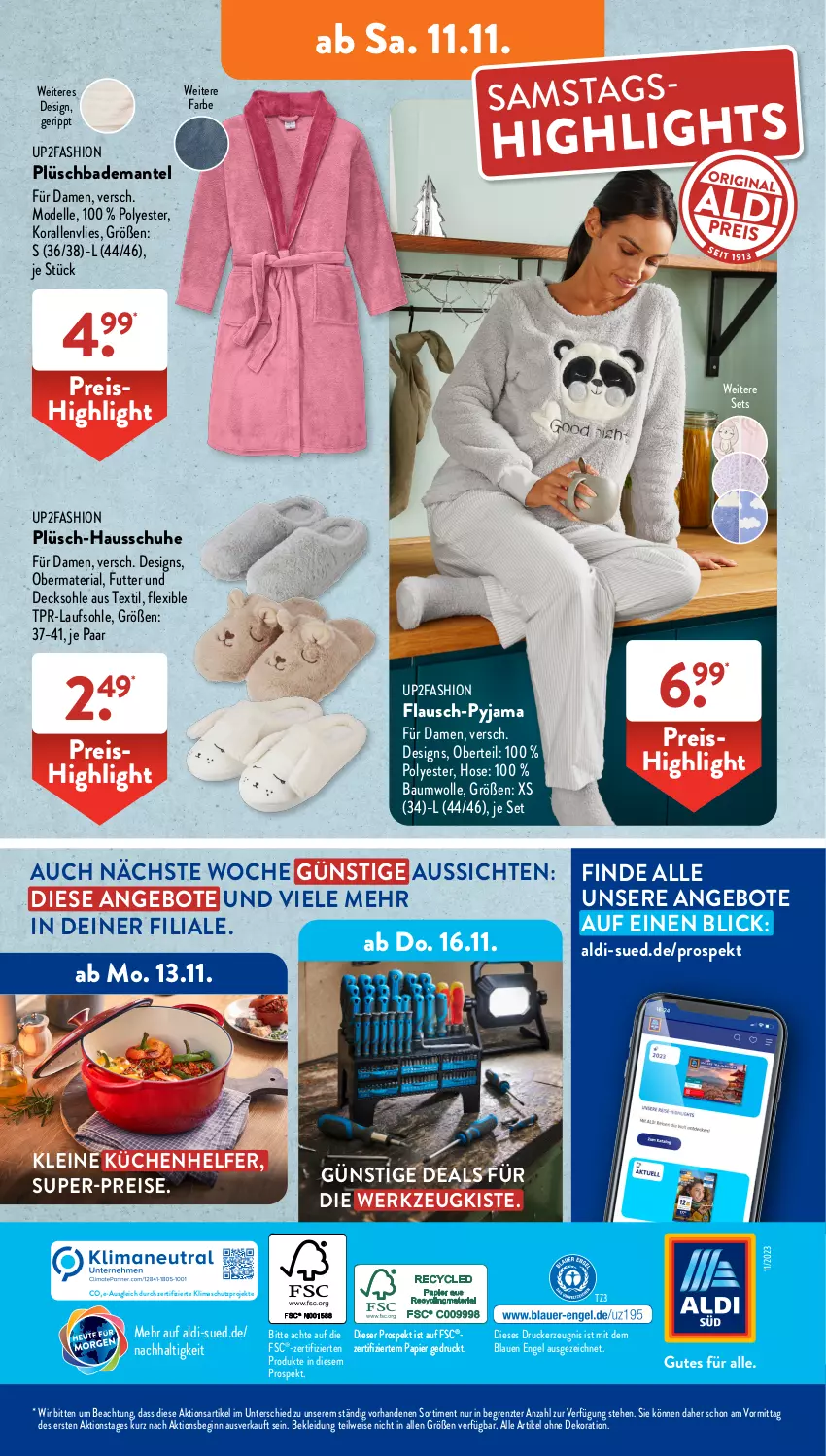 Aktueller Prospekt AldiSud - NÄCHSTE WOCHE - von 06.11 bis 11.11.2023 - strona 43 - produkty: aldi, alle artikel ohne dekoration, angebot, angebote, Bad, Bademantel, Bau, baumwolle, decksohle, dekoration, dell, drucker, eis, elle, Engel, gin, Hausschuhe, hose, kerze, kleid, Kleidung, küche, Küchen, Küchenhelfer, leine, Mantel, Mode, papier, Plüsch, Pyjama, reis, Ria, schuhe, Ti, up2fashion, werkzeug, wolle, ZTE