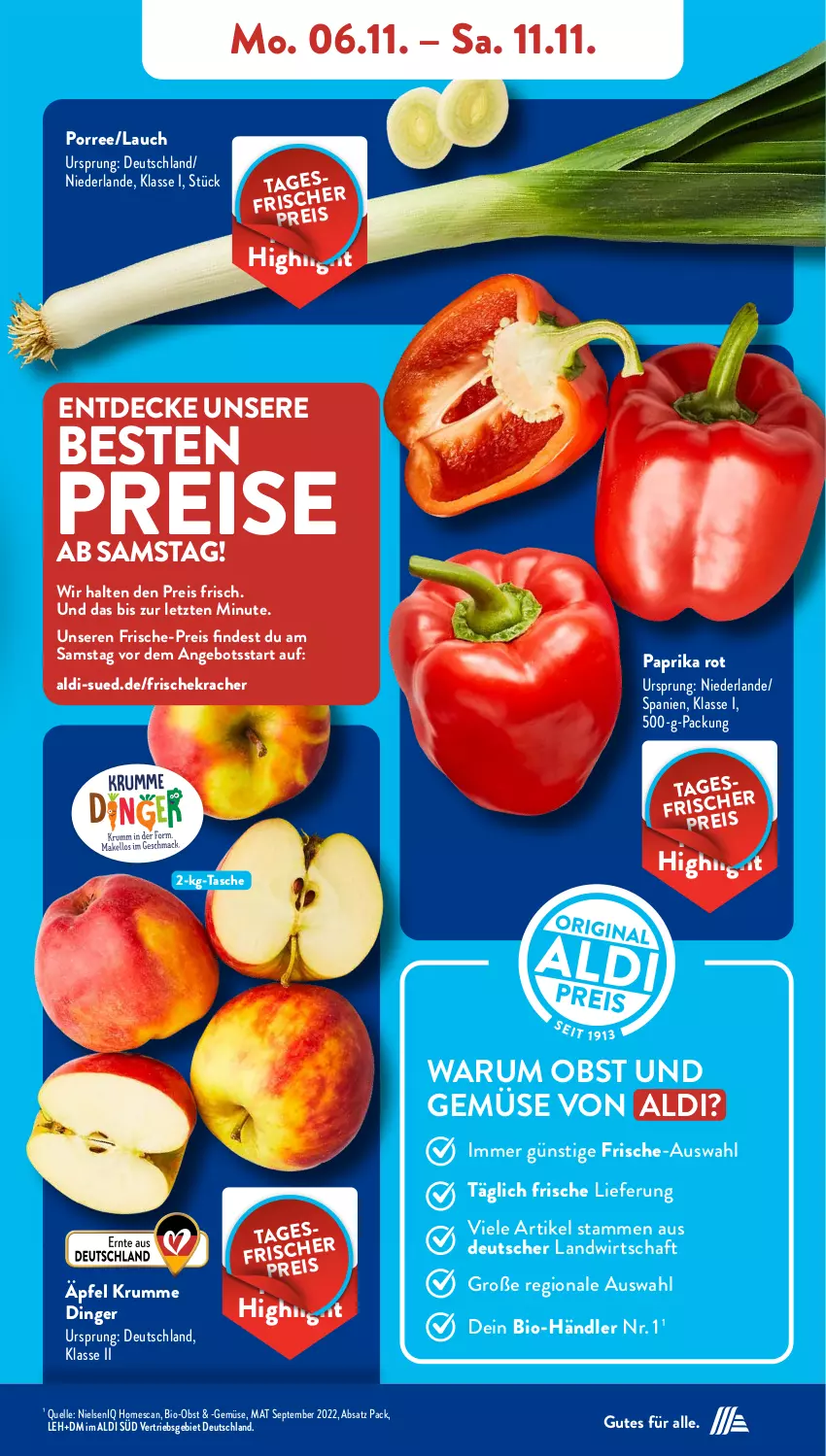 Aktueller Prospekt AldiSud - NÄCHSTE WOCHE - von 06.11 bis 11.11.2023 - strona 5 - produkty: aldi, angebot, bio, Bio-Obst, decke, eis, elle, kracher, obst, Obst und Gemüse, paprika, paprika rot, reis, rum, Tasche, Ti, und gemüse, ZTE