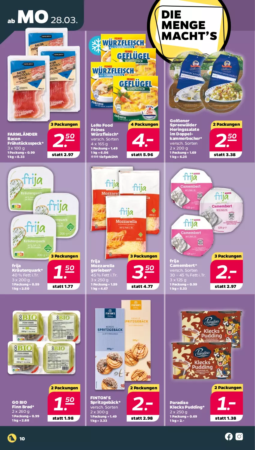 Aktueller Prospekt Netto - Angebote ab Montag - von 28.03 bis 02.04.2022 - strona 10 - produkty: bacon, Becher, bio, camembert, eis, fleisch, Frühstücksspeck, hering, Herings, kräuter, mozzarella, pudding, quark, rel, ring, salat, salate, Speck, spreewälder, Spritzgebäck, Ti