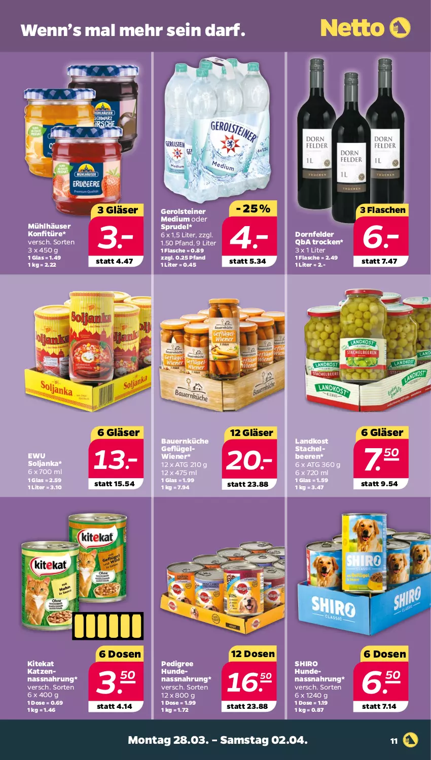 Aktueller Prospekt Netto - Angebote ab Montag - von 28.03 bis 02.04.2022 - strona 11 - produkty: auer, Bau, Bauer, beere, beeren, dornfelder, flasche, Geflügel, gerolsteine, gerolsteiner, Gläser, kitekat, konfitüre, küche, mühlhäuser, Nassnahrung, ndk, pedigree, Sprudel, Stachelbeeren, steiner, wiener