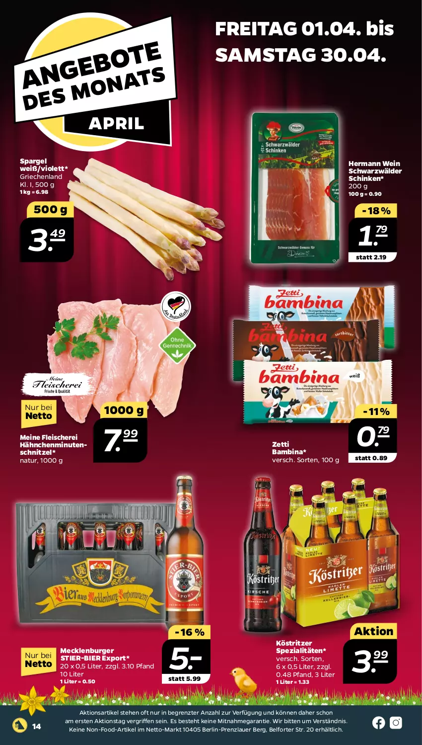 Aktueller Prospekt Netto - Angebote ab Montag - von 28.03 bis 02.04.2022 - strona 14 - produkty: auer, bier, burger, eis, fleisch, Fleischerei, köstritzer, minutenschnitzel, natur, pril, Schere, schinken, schnitzel, schwarzwälder schinken, spargel, Spezi, Stier, Ti, wein, ZTE