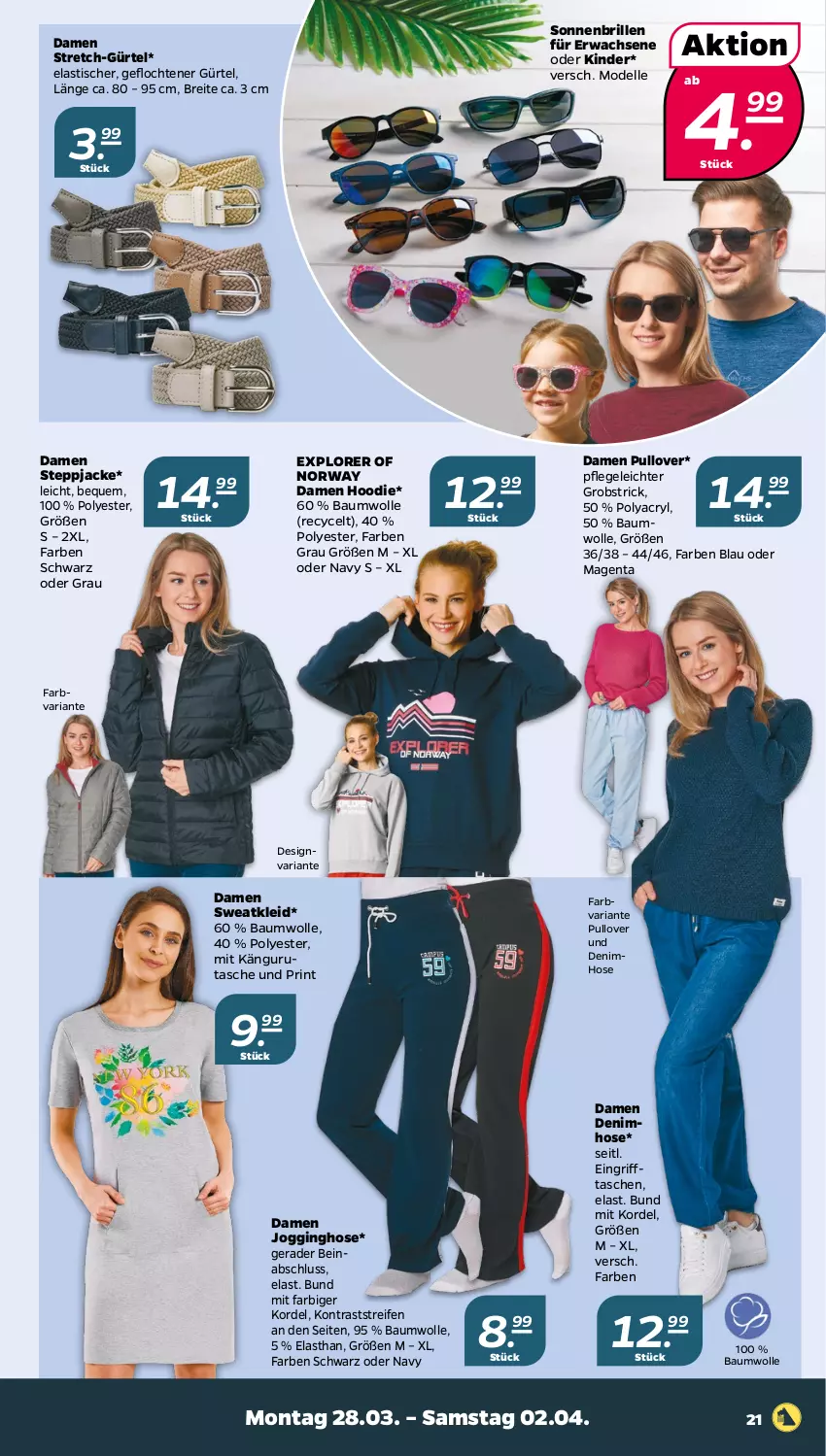 Aktueller Prospekt Netto - Angebote ab Montag - von 28.03 bis 02.04.2022 - strona 21 - produkty: asti, Bau, baumwolle, Brei, Brille, dell, Denimhose, elle, gin, hose, Jacke, Jogginghose, Kinder, kleid, Mode, obst, Pullover, reifen, Ria, sonnenbrille, Steppjacke, Sweatkleid, Tasche, taschen, Ti, tisch, wolle