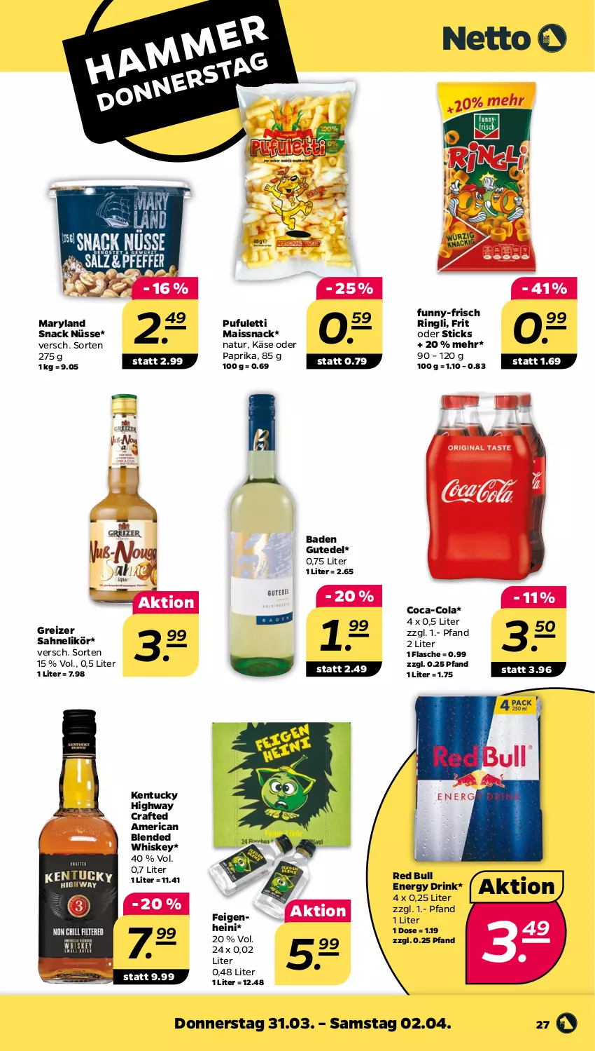 Aktueller Prospekt Netto - Angebote ab Montag - von 28.03 bis 02.04.2022 - strona 27 - produkty: Bad, coca-cola, cola, drink, energy drink, Feigen, flasche, funny-frisch, Käse, likör, mais, natur, paprika, red bull, ring, sahne, snack, Ti, tuc, whiskey