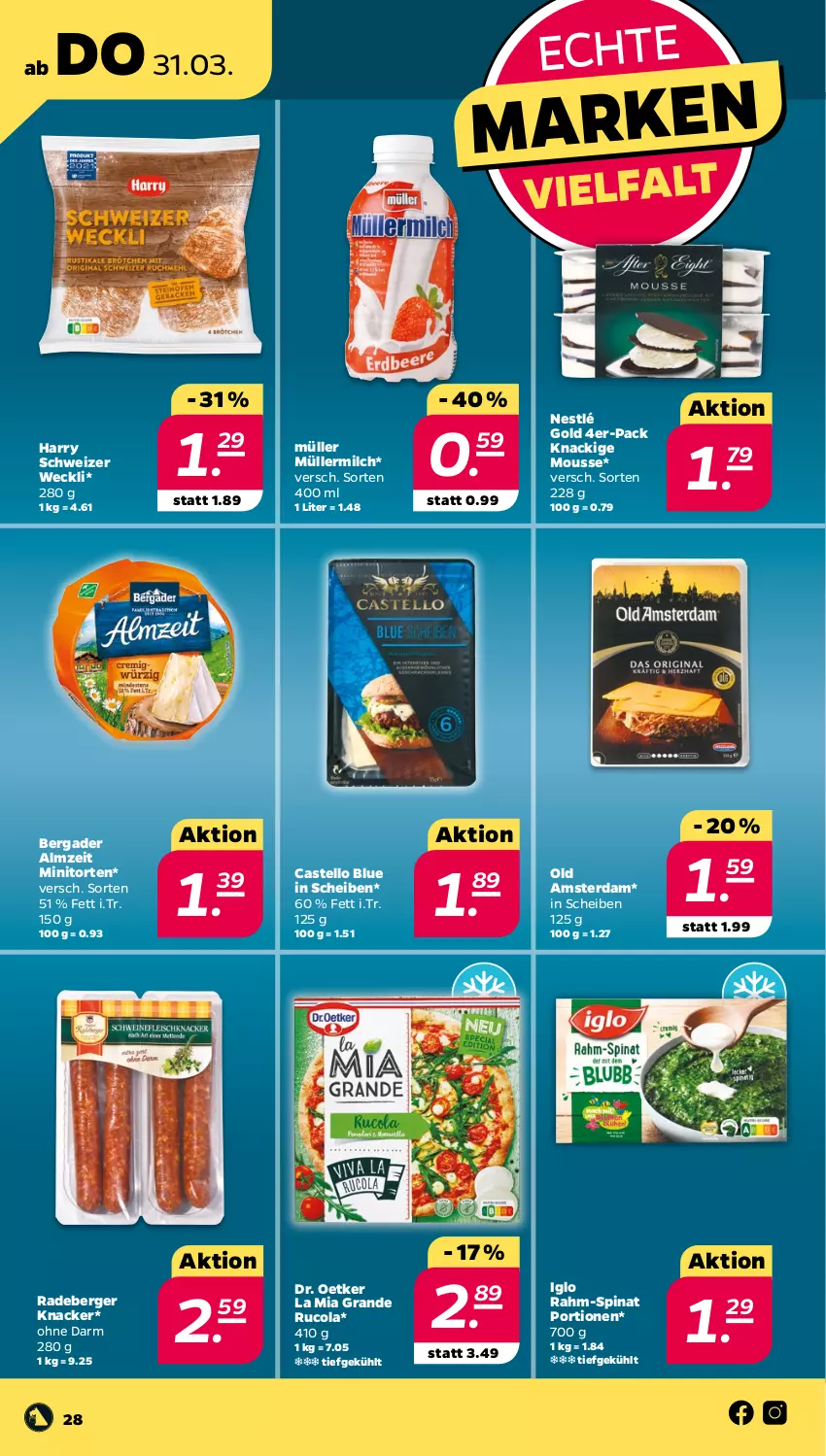 Aktueller Prospekt Netto - Angebote ab Montag - von 28.03 bis 02.04.2022 - strona 28 - produkty: bergader, Berger, cola, Dr. Oetker, iglo, knacker, Knackige Mousse, milch, mousse, Müller, müllermilch, nestlé, Old Amsterdam, radeberger, rahm-spinat, rucola, spinat, Ti, torte, weck