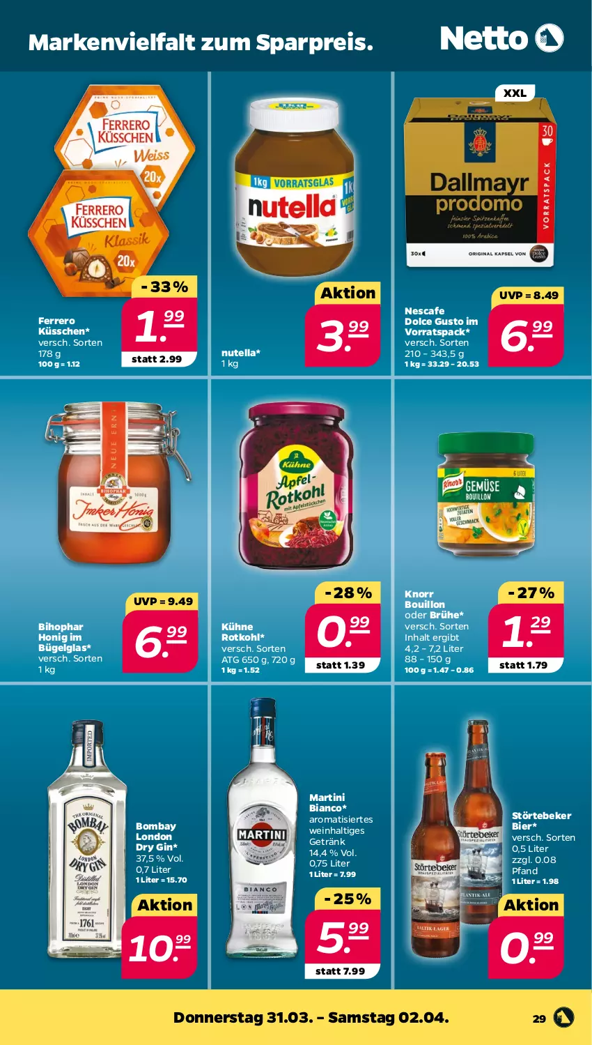 Aktueller Prospekt Netto - Angebote ab Montag - von 28.03 bis 02.04.2022 - strona 29 - produkty: bier, bihophar, Brühe, bügel, dolce gusto, dry gin, eis, ferrero, Ferrero Küsschen, getränk, gin, honig, knorr, Kühne, LG, london dry, london dry gin, martini, nescafe, nutella, reis, rotkohl, störtebeker, Ti, wein