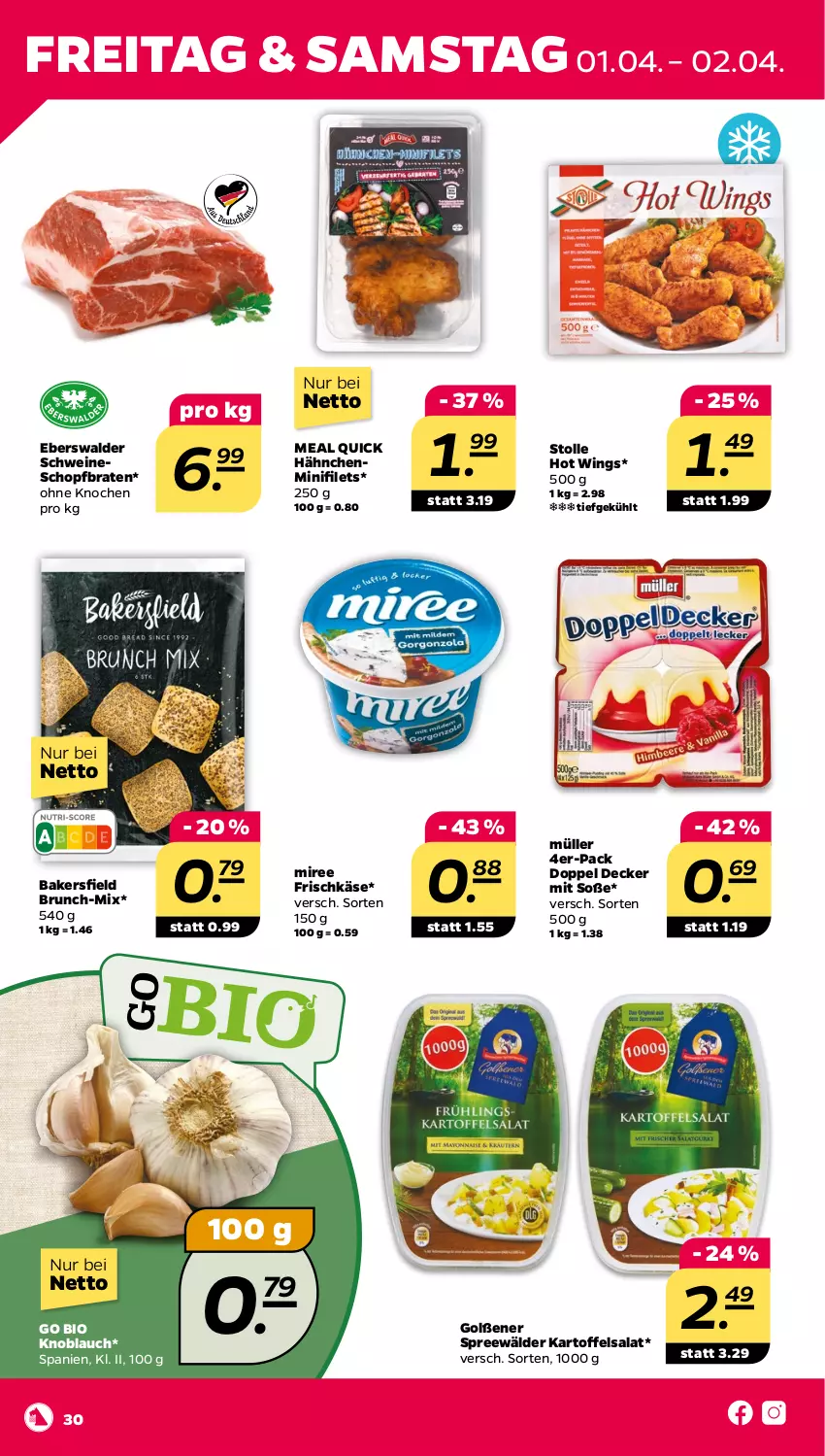 Aktueller Prospekt Netto - Angebote ab Montag - von 28.03 bis 02.04.2022 - strona 30 - produkty: bio, braten, decke, filet, filets, frischkäse, kartoffel, kartoffelsalat, Käse, knoblauch, miree, Müller, salat, schwein, schweine, Soße, spreewälder, Ti, wein, weine