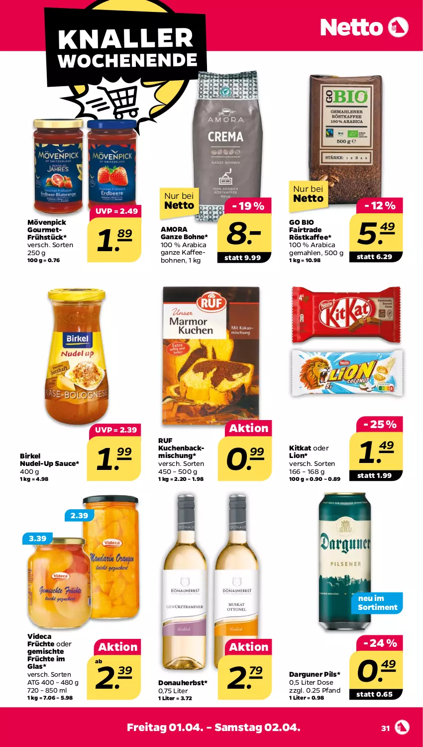 Aktueller Prospekt Netto - Angebote ab Montag - von 28.03 bis 02.04.2022 - strona 31 - produkty: backmischung, bio, birkel, bohne, bohnen, früchte, kaffee, kaffeebohnen, kitkat, kuchen, lion, mövenpick, nudel, pils, röstkaffee, sauce, Ti