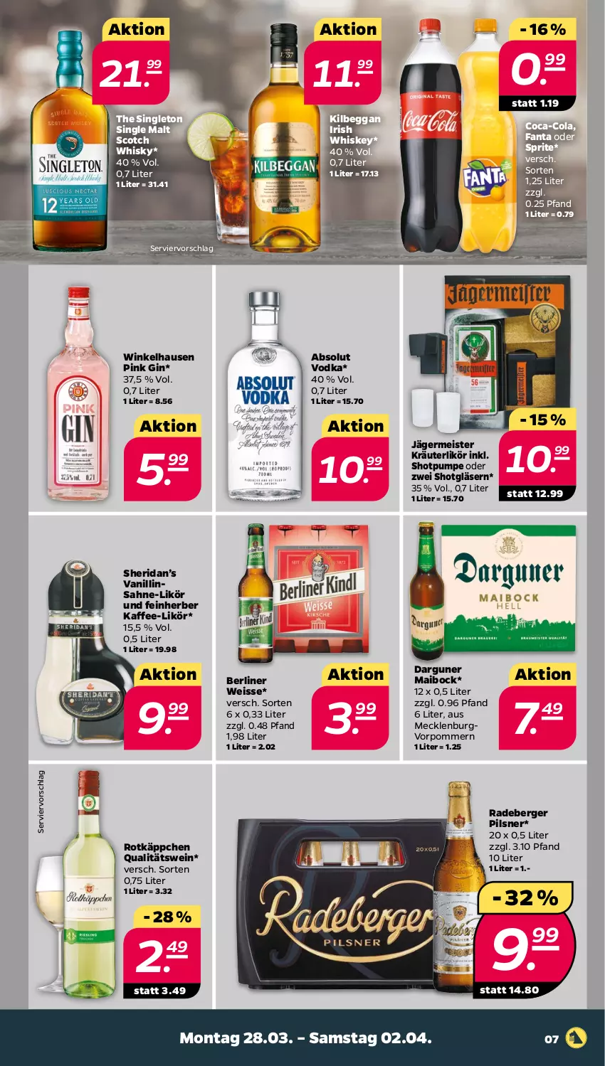 Aktueller Prospekt Netto - Angebote ab Montag - von 28.03 bis 02.04.2022 - strona 7 - produkty: Absolut Vodka, Berger, berliner, coca-cola, cola, eis, fanta, fanta oder, fanta oder sprite, Germ, gin, Gläser, irish whiskey, jägermeister, kaffee, kilbeggan, kräuter, kräuterlikör, likör, Meister, oder sprite, pils, pilsner, qualitätswein, radeberger, radeberger pilsner, rotkäppchen, sahne, scotch, scotch whisky, single malt, sprite, Ti, vodka, wein, whiskey, whisky, winkelhausen