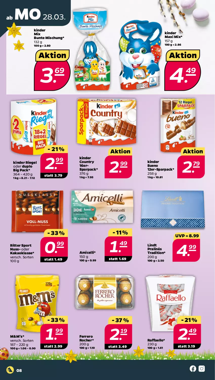 Aktueller Prospekt Netto - Angebote ab Montag - von 28.03 bis 02.04.2022 - strona 8 - produkty: amicelli, duplo, ferrero, Ferrero Rocher, kakao, Kinder, kinder bueno, kinder country, Kinder Maxi, kinder riegel, lindt, nuss, raffaello, riegel, ritter, ritter sport, Sport, Ti