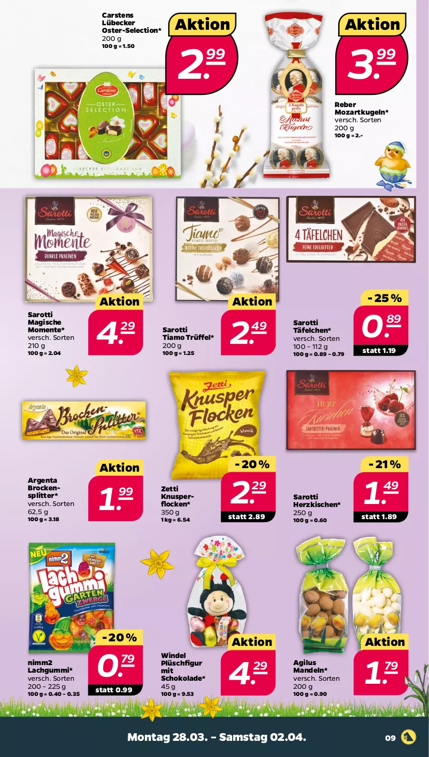 Aktueller Prospekt Netto - Angebote ab Montag - von 28.03 bis 02.04.2022 - strona 9 - produkty: Brock, Cars, ente, Knusperflocken, Kugel, lachgummi, Lübecker, mandel, mandeln, nimm2, Plüsch, saro, sarotti, schoko, schokolade, Ti, Trüffel