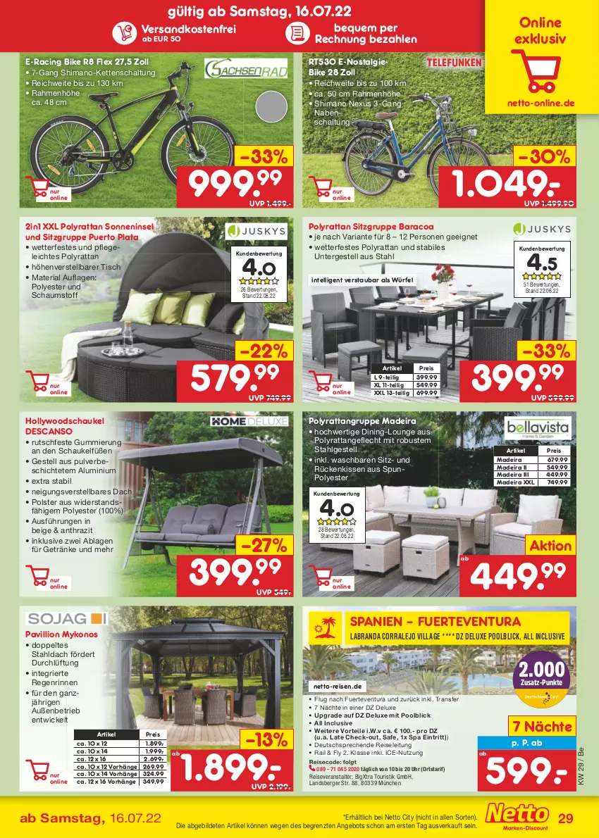 Aktueller Prospekt Netto Marken-Discount - Filial-Angebote - von 18.07 bis 23.07.2022 - strona 29 - produkty: angebot, Berger, cin, eis, getränk, getränke, hollywoodschaukel, Intel, Kette, kissen, labranda, LG, lion, ndk, nexus, pool, reis, reiseveranstalter, Ria, Rückenkissen, Schal, Schaukel, shimano, Ti, tisch, uhr, versandkostenfrei, WICK, würfel, ZTE