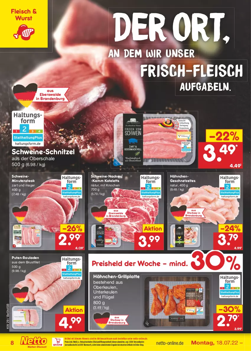 Aktueller Prospekt Netto Marken-Discount - Filial-Angebote - von 18.07 bis 23.07.2022 - strona 8 - produkty: brustfilet, eis, filet, fleisch, gabel, geschnetzeltes, grill, grillplatte, Hähnchengeschnetzeltes, kotelett, latte, natur, ndk, pute, reis, rouladen, Schal, Schale, schnitzel, schwein, schweine, schweine-schnitzel, steak, Ti, versandkostenfrei, wein, weine, wurst, Zelt