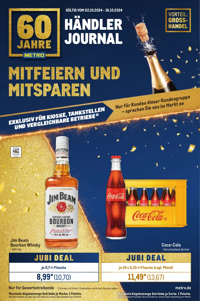 Aktueller Prospekt Metro - Händler Journal - von 02.10 bis 16.10.2024 - strona 1 - produkty: bourbon, coca-cola, cola, elle, flasche, getränk, getränke, jim beam, Metro, Palette, Ti, whisky