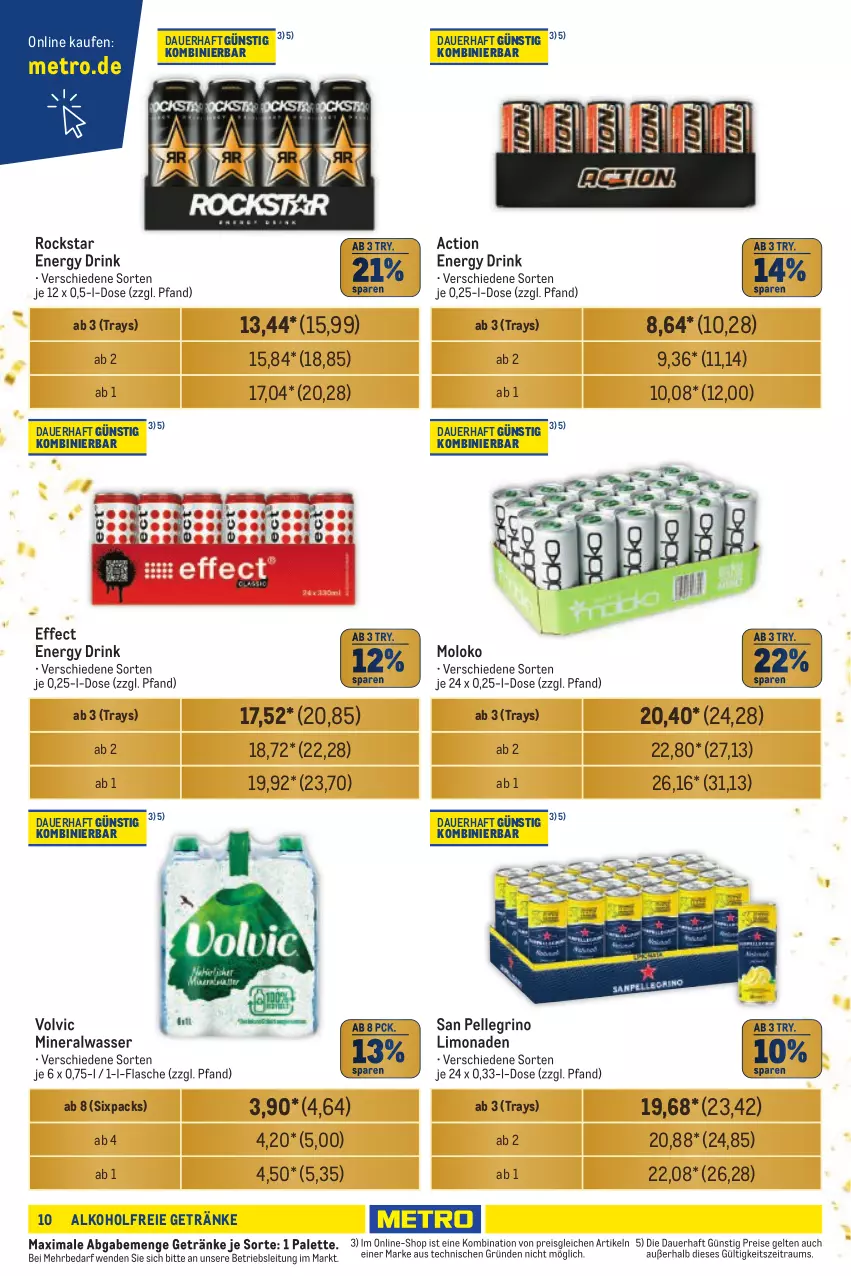 Aktueller Prospekt Metro - Händler Journal - von 02.10 bis 16.10.2024 - strona 10 - produkty: alkohol, alkoholfreie getränke, Alwa, auer, drink, Effect, eis, elle, energy drink, flasche, getränk, getränke, limo, limonade, limonaden, Metro, mineralwasser, Palette, reis, Rockstar, san pellegrino, Ti, volvic, wasser