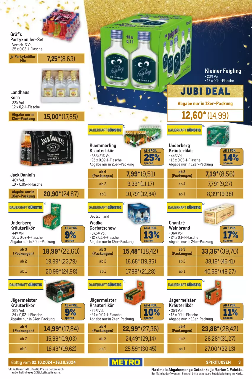 Aktueller Prospekt Metro - Händler Journal - von 02.10 bis 16.10.2024 - strona 3 - produkty: auer, chantré, eis, flasche, Germ, getränk, getränke, Gorbatschow, jack daniel, jägermeister, kleiner feigling, korn, kräuter, kräuterlikör, kuemmerling, leine, likör, Meister, merl, Palette, reis, spirituosen, Ti, underberg, wein, weinbrand, wodka