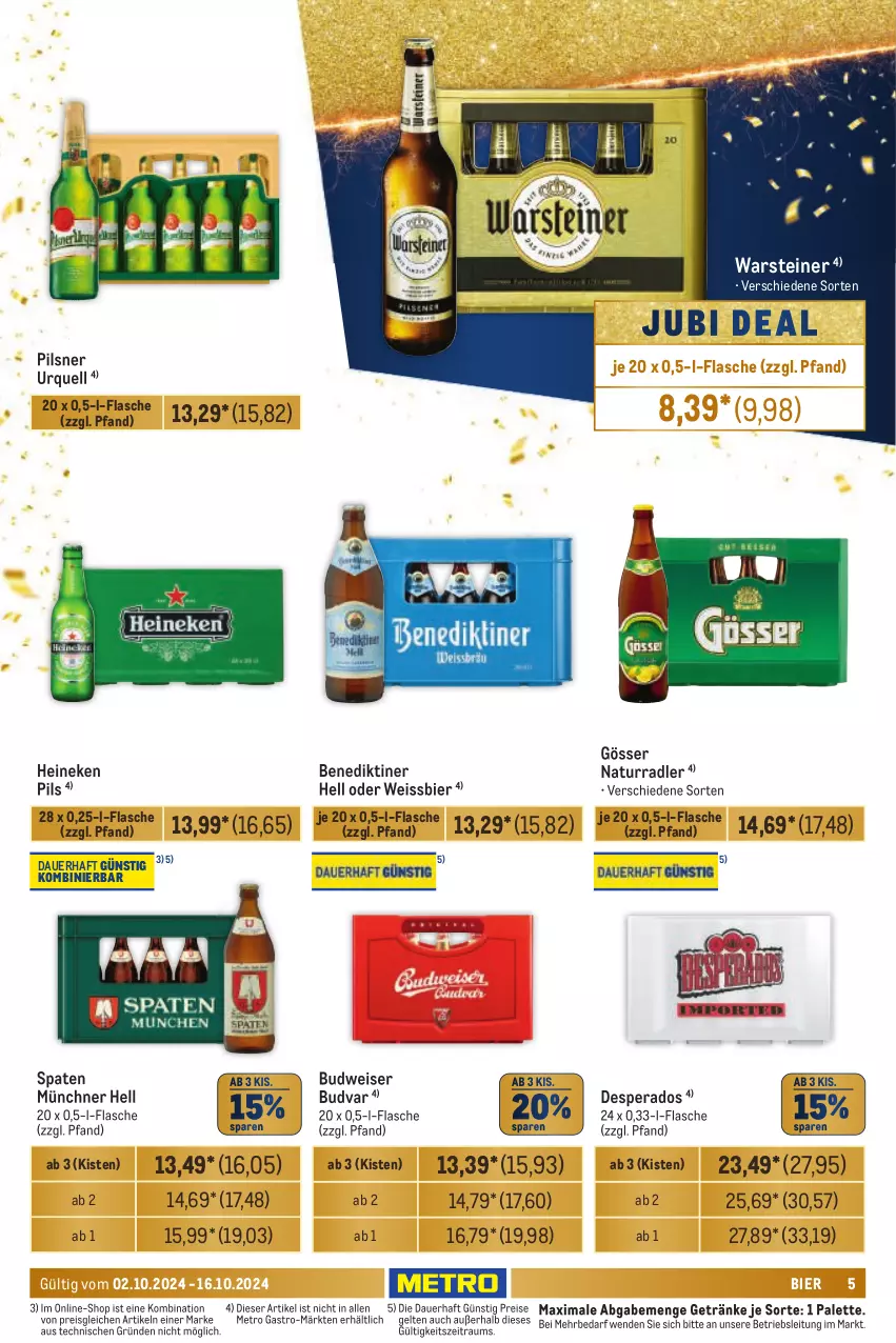 Aktueller Prospekt Metro - Händler Journal - von 02.10 bis 16.10.2024 - strona 5 - produkty: auer, Benediktiner, bier, budweiser, desperados, eis, flasche, getränk, getränke, gösser, heineken, Metro, metro gastro, natur, Palette, pils, pilsner, pilsner urquell, radler, reis, Spaten, steiner, Ti, warsteiner, weissbier