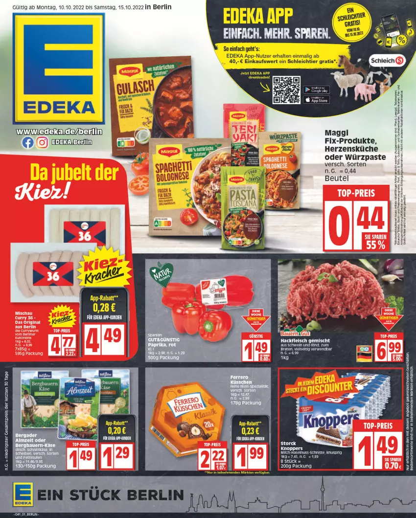 Aktueller Prospekt Edeka - Angebote der Woche - von 10.10 bis 15.10.2022 - strona 1 - produkty: angebot, berliner, beutel, braten, buch, curry, currywurst, deka, eduscho, eis, ente, fleisch, gin, hackfleisch, hackfleisch gemischt, haselnuss, küche, maggi, milch, nuss, reis, rind, rwe, schwein, schwein und rind, Tchibo, Ti, top-preis, wein, wurst, ZTE