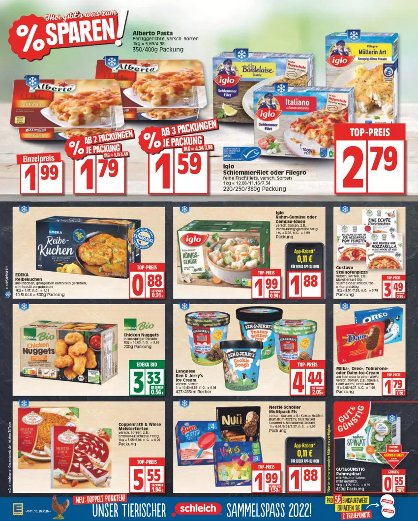 Aktueller Prospekt Edeka - Angebote der Woche - von 10.10 bis 15.10.2022 - strona 10 - produkty: Becher, braten, caramel, chicken nuggets, coppenrath, daim, deka, eis, fertiggericht, fertiggerichte, filegro, filet, fisch, frischkäse, gewürz, iglo, kartoffel, kartoffeln, Käse, kuchen, langnese, LG, mac, margherita, Meister, milka, mozzarella, Müller, müllerin art, nuggets, Ofen, oreo, pasta, pizza, rahm-gemüse, rapsöl, reis, rel, sahne, schlemmerfilet, Schöller, spinat, steinofen, Ti, toblerone, torte, ZTE