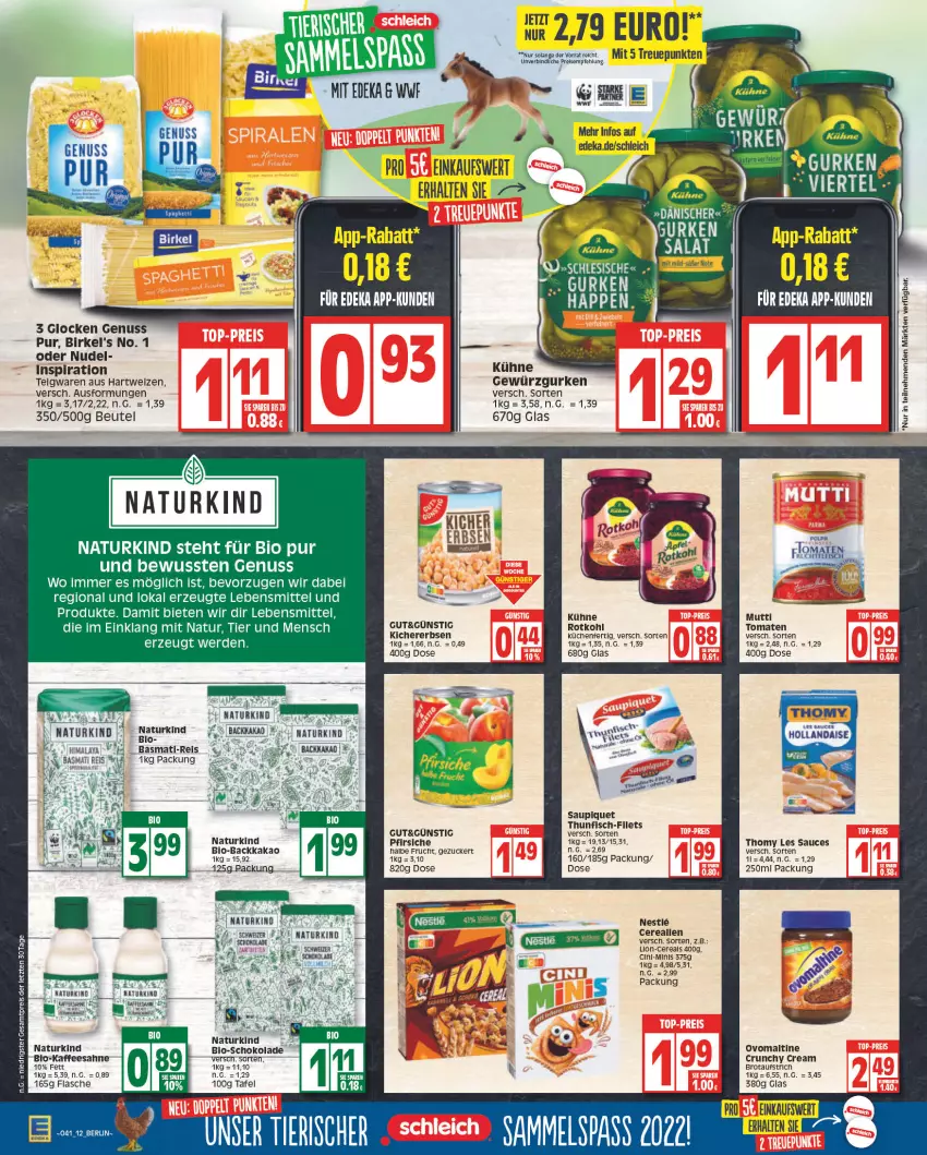 Aktueller Prospekt Edeka - Angebote der Woche - von 10.10 bis 15.10.2022 - strona 12 - produkty: aufstrich, basmati, Basmati Reis, basmati-reis, beutel, bio, birkel, brot, brotaufstrich, cereals, cin, deka, eis, erbsen, erde, filet, filets, fisch, flasche, frucht, gewürz, Gewürzgurke, gewürzgurken, gurke, gurken, hollandaise, kakao, kichererbsen, küche, Küchen, Kühne, lebensmittel, lion, Mutti, natur, nudel, nuss, ovomaltine, pfirsich, pfirsiche, reis, rotkohl, salat, sauce, saupiquet, Schleich, schoko, schokolade, teigwaren, thomy, thomy les sauces, thunfisch, Ti, tomate, tomaten, ZTE, zucker