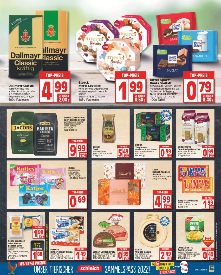 Aktueller Prospekt Edeka - Angebote der Woche - von 10.10 bis 15.10.2022 - strona 13 - produkty: auto, beutel, bohne, bohnen, brot, caffe, coppenrath, dallmayr, deka, eis, ferrero, frucht, fruchtgummi, gewürz, hipp, jacobs, kaffee, kaffeegenuss, kaffeevollautomat, kaffeevollautomaten, katjes, Kinder, korn, Kugel, Lakritz, lieken, lindt, löslicher kaffee, mac, Meister, merci, minze, nuss, oder lakritz, pfeffer, pfefferminze, reis, ring, ritter, ritter sport, Schleich, schoko, schokolade, schokoladen, snack, Sport, storck, tee, Ti, tomate, tomaten, urkorn, vollautomaten, wiener, wiener boden, ZTE, zwiebel