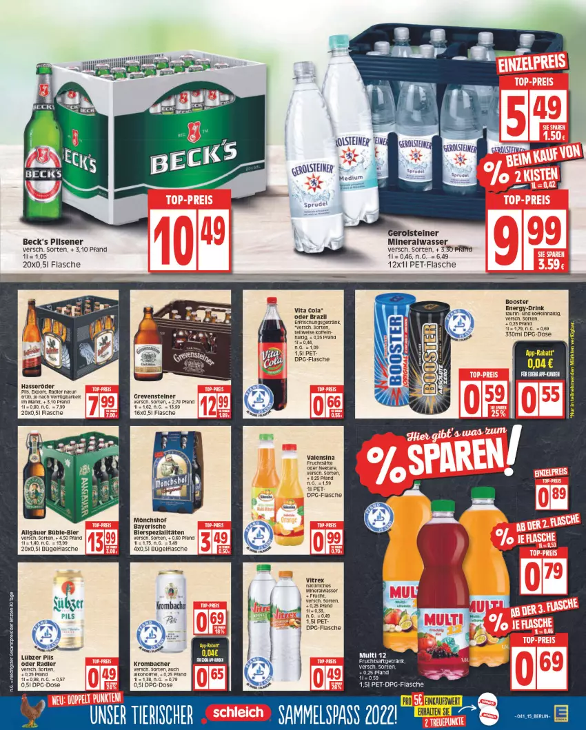 Aktueller Prospekt Edeka - Angebote der Woche - von 10.10 bis 15.10.2022 - strona 15 - produkty: alkohol, Alwa, beck's, bier, bierspezialitäten, bügel, bügelflasche, cola, drink, eis, erfrischungsgetränk, flasche, frucht, fruchtsaft, fruchtsäfte, fruchtsaftgetränk, getränk, grevensteiner, hasseröder, krombache, krombacher, LG, Lübzer, mineralwasser, mönchshof, natur, natürliches mineralwasser, Nektar, oder radler, pet-flasche, pils, pilsener, radler, reis, rel, saft, säfte, Schleich, Spezi, Sprudel, steiner, Ti, valensina, vita, Vita C, vitrex, wasser, Wels, ZTE