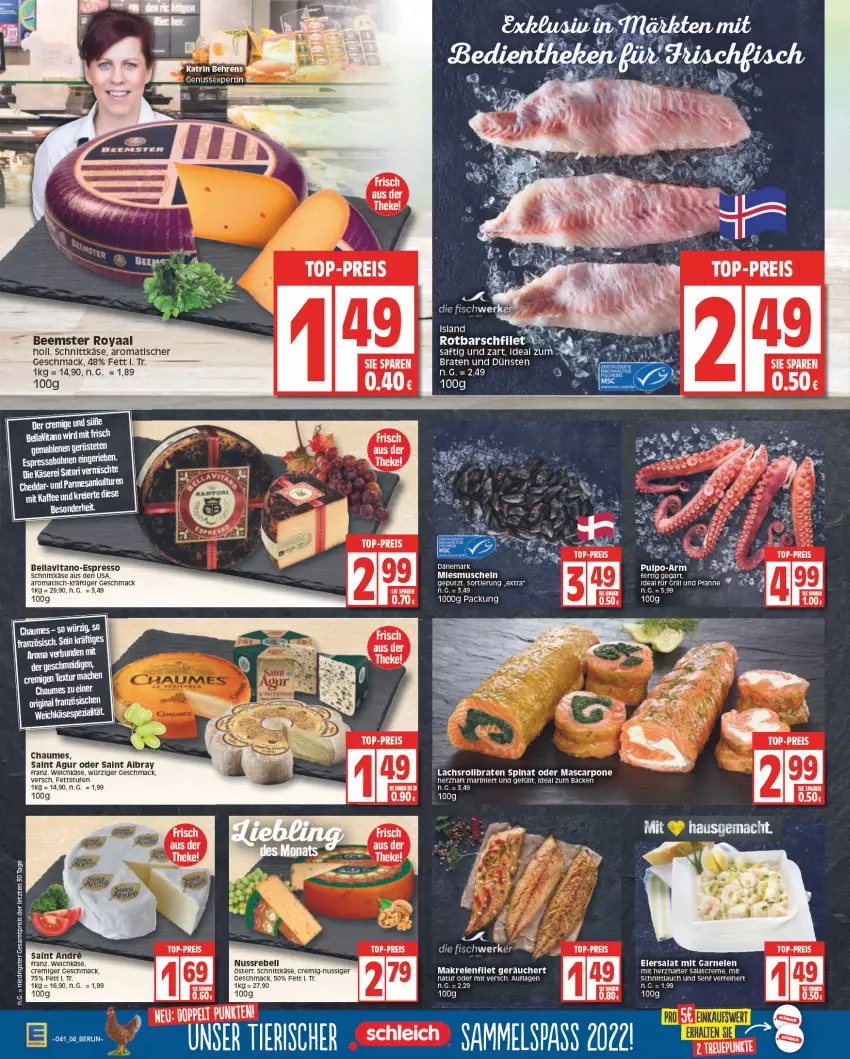 Aktueller Prospekt Edeka - Angebote der Woche - von 10.10 bis 15.10.2022 - strona 4 - produkty: albray, Beemster, braten, chaumes, creme, eier, eiersalat, eis, espresso, filet, fisch, garnelen, Käse, lachs, mac, Makrele, mascarpone, Muscheln, nuss, rebell, reis, rel, rollbraten, Rotbarsch, rotbarschfilet, saft, Saint Agur, saint albray, salat, salatcreme, schnittkäse, schnittlauch, senf, spinat, tee, Ti, tisch, top-preis, vita, weichkäse, ZTE