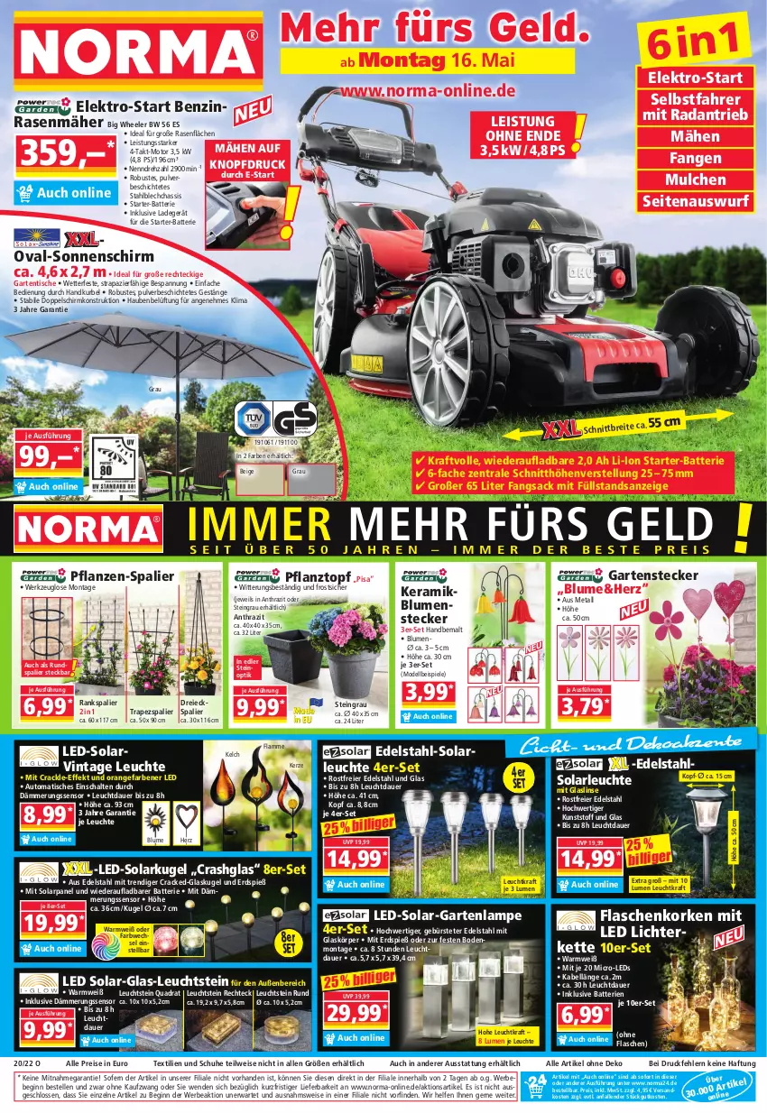 Aktueller Prospekt Norma - Norma - von 16.05 bis 23.05.2022 - strona 1 - produkty: auer, auto, batterie, batterien, Bebe, blume, blumen, Brei, bürste, dell, edelstahl, eier, eis, Elektro, elle, ente, flasche, Garten, gartentisch, Gartentische, gin, Glaskugel, kerze, Kette, kraft, Kugel, ladegerät, lamm, Lampe, leds, Leuchte, Mode, ndk, orange, pflanze, pflanzen, Pflanztopf, quad, rasen, rasenmäher, reis, sac, Schal, schuhe, senf, solarleuchte, sonnenschirm, Spiele, Ti, tisch, topf, werkzeug