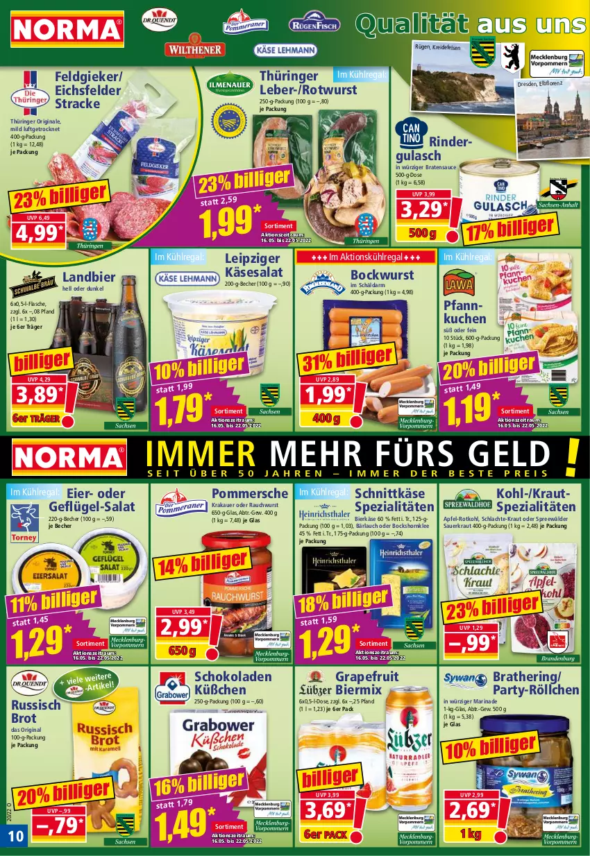 Aktueller Prospekt Norma - Norma - von 16.05 bis 23.05.2022 - strona 10 - produkty: apfel, auer, Becher, bier, bockwurst, braten, brot, eier, flasche, Geflügel, gin, grapefruit, gulasch, hering, Käse, krakauer, Kraut, Kreide, kuchen, kühlregal, lorenz, marinade, Pfannkuchen, Pommersche, Rauch, regal, rind, rinder, rindergulasch, ring, rotkohl, Rotwurst, russisch brot, salat, sauce, Sauerkraut, schnittkäse, schoko, schokolade, schokoladen, Spezi, spreewälder, Ti, wurst