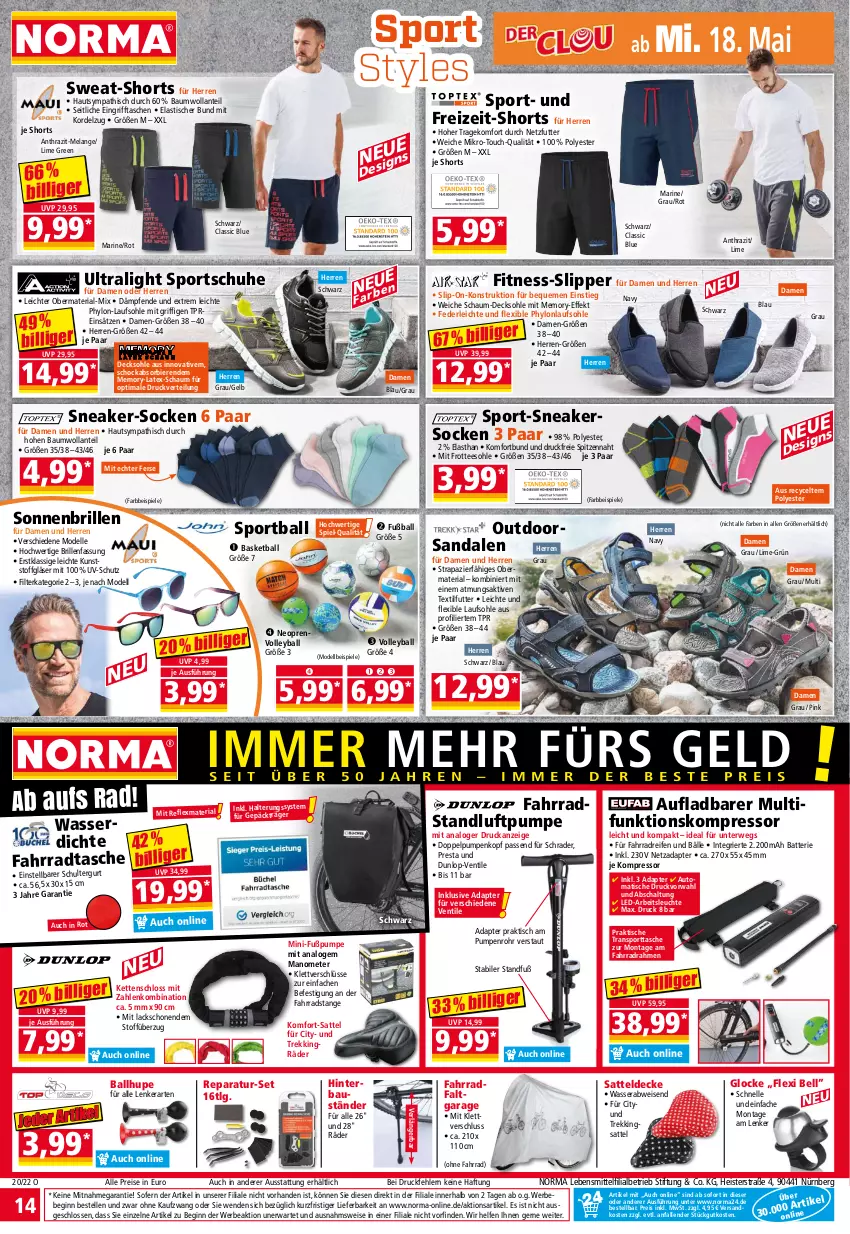 Aktueller Prospekt Norma - Norma - von 16.05 bis 23.05.2022 - strona 14 - produkty: adapter, Arbeitsleuchte, asti, aust, auto, ball, batterie, Bau, Bebe, bier, Biere, Brille, decke, decksohle, dell, dunlop, eis, Elan, elle, Fahrrad, Fahrradtasche, Fußball, gin, Gläser, Hylo, Kette, kompressor, lack, lebensmittel, Leuchte, LG, mit frotteesohle, Mode, ndk, reifen, reis, Ria, rwe, sandale, sandalen, sattel, Schal, schuhe, schultergurt, shorts, slip, Slipper, sneaker, sneakersocken, socken, sonnenbrille, Spiele, Sport, sportschuhe, sporttasche, Tasche, taschen, tee, Ti, tisch, uv-schutz, wasser