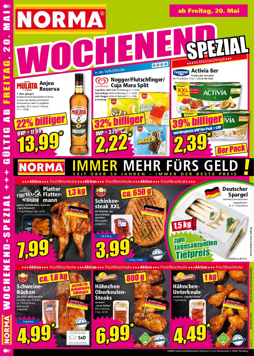 Aktueller Prospekt Norma - Norma - von 16.05 bis 23.05.2022 - strona 16 - produkty: activia, auer, Bau, Bauer, Becher, braten, cerealien, deutscher spargel, drink, drinks, eis, flasche, fleisch, frucht, grill, grillhähnchen, karamell, latte, lebensmittel, nogger, paprika, pfeffer, regal, reis, rosmarin, rum, schinken, Schinkensteak, schwein, schweine, schweinerücken, spargel, Spezi, steak, steaks, Ti, tiefpreis, vanille, wein, weine