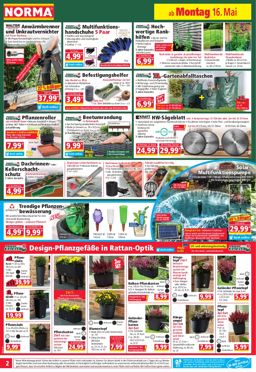 Aktueller Prospekt Norma - Norma - von 16.05 bis 23.05.2022 - strona 2 - produkty: Bebe, Beetumrandung, blume, blumen, braun, dell, eis, elle, ente, fenster, flasche, Garten, gin, handschuhe, Hängeampel, Hängetopf, Klammern, kraft, Kraut, lamm, LG, Liege, Mantel, messer, Mode, ndk, papier, pflanze, pflanzen, Pflanzkasten, Pflanztopf, piezo-zündung, Rauch, reifen, reis, ring, Roller, rwe, säge, schlauch, schuhe, Spezi, Spiele, Tasche, taschen, Ti, tisch, topf, tragegriff, unkrautvernichter, Untersetzer, wasser, werkzeug, WICK