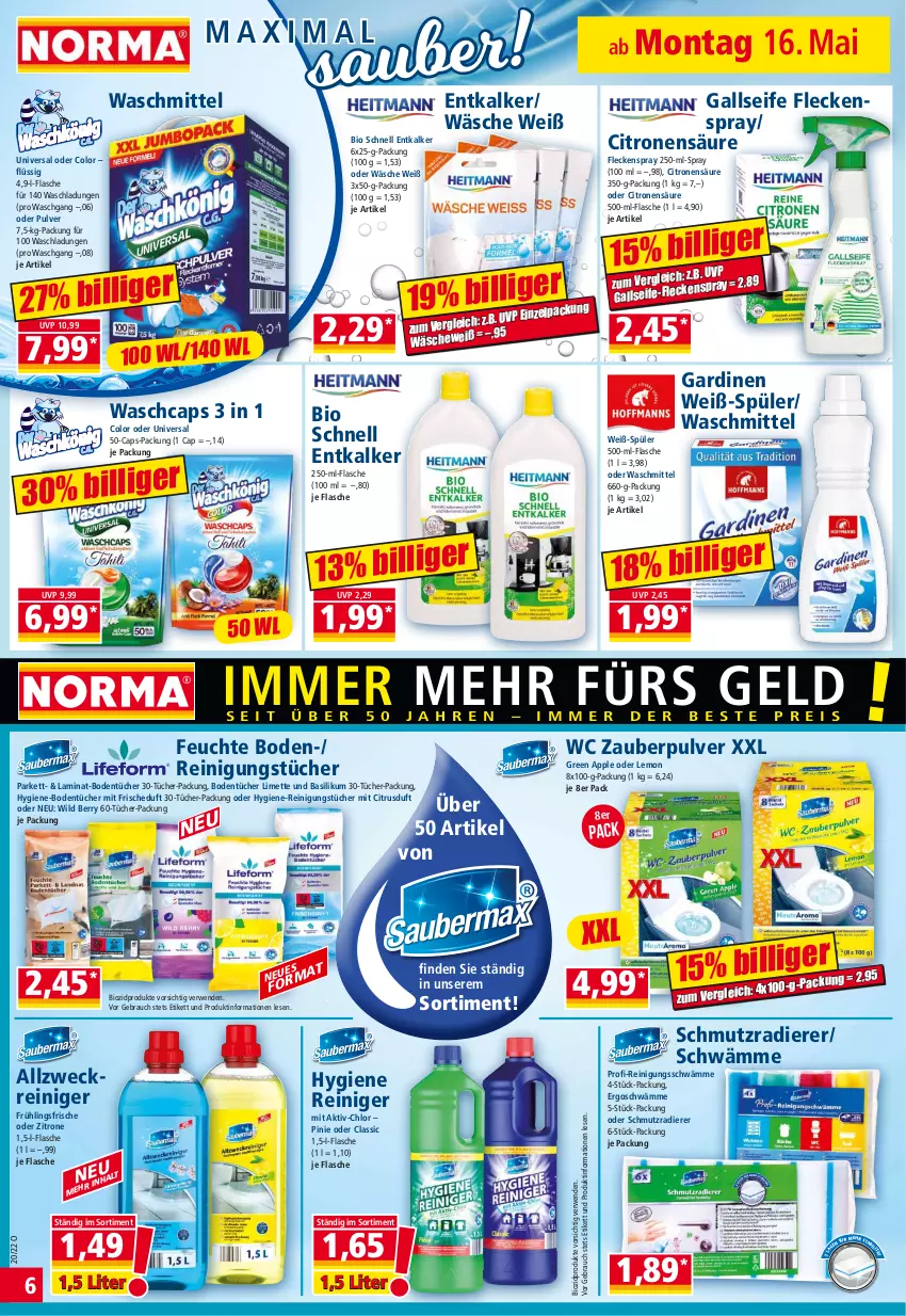 Aktueller Prospekt Norma - Norma - von 16.05 bis 23.05.2022 - strona 6 - produkty: allzweckreiniger, Apple, basilikum, bio, biozidprodukte, Bodentücher, Cap, citrus, entkalker, flasche, Gardinen, laminat, limette, Mett, Rauch, reiniger, Reinigung, reinigungstücher, rwe, Seife, Ti, tücher, waschmittel, weck, Wild, wild berry, zitrone