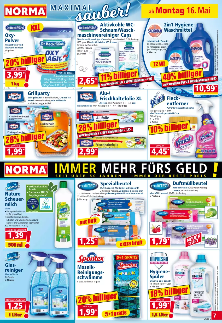 Aktueller Prospekt Norma - Norma - von 16.05 bis 23.05.2022 - strona 7 - produkty: Allzweckbeutel, Bad, beere, beutel, bio, biozidprodukte, Brei, Cap, citrus, Clin, crushed ice, edelstahl, eimer, eis, Elektro, flasche, fleckentferner, frischhaltefolie, glaskeramik, Glasreiniger, grill, Heu, himbeer, himbeere, hygienespüler, kosmetik, küche, Kugel, lavendel, limette, maille, maschinenreiniger, Mett, milch, müllbeutel, natur, Rauch, recyclingmaterial, reiniger, Reinigung, Ria, rwe, Schal, Schale, scheuermilch, Spezi, Ti, tragegriff, vanille, waschmaschine, waschmaschinen, waschmittel, weck