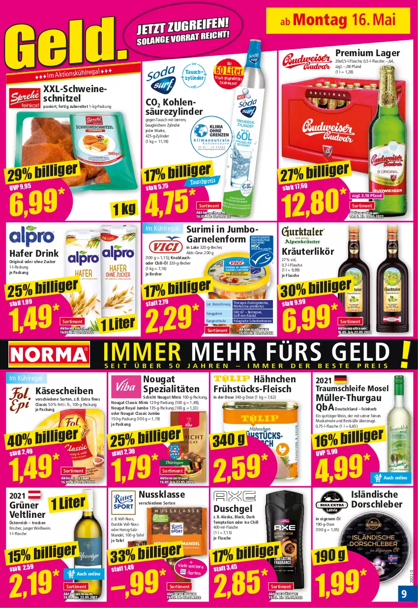 Aktueller Prospekt Norma - Norma - von 16.05 bis 23.05.2022 - strona 9 - produkty: Bau, Becher, chili, Dorsch, drink, duschgel, eis, flasche, fleisch, garnelen, gin, grüner veltliner, hafer, honig, HP, jumbo, Käse, käsescheiben, knoblauch, kräuter, kräuterlikör, kühlregal, lack, likör, mandel, merl, Müller, Müller-Thurgau, nuss, regal, reis, ring, salz, schnitzel, schwein, schweine, schweineschnitzel, Spezi, Sprudel, Ti, wasser, wein, weine, Weißwein, zucker