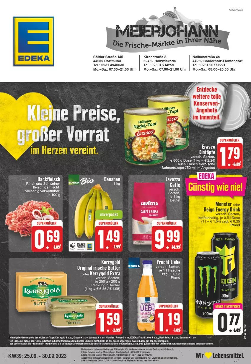 Aktueller Prospekt Edeka - Angebote der Woche - von 25.09 bis 30.09.2023 - strona 1 - produkty: angebot, banane, bananen, Becher, beutel, bohne, bohnen, butter, caffe, decke, deka, deutschlandcard, eier, eis, elle, erasco, flasche, fleisch, gin, hackfleisch, Holz, irische butter, kerrygold, Konserven, lavazza, lebensmittel, LG, rind, rwe, schwein, schweine, suppe, tee, teller, Ti, tuner, uhr, wein, weine, WICK